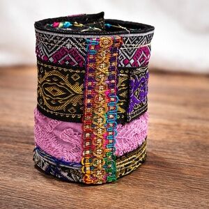 Artisan Wide Cuff Bracelet OOAK Handmade Boho Tattered Ethnic Textile Up Cycled